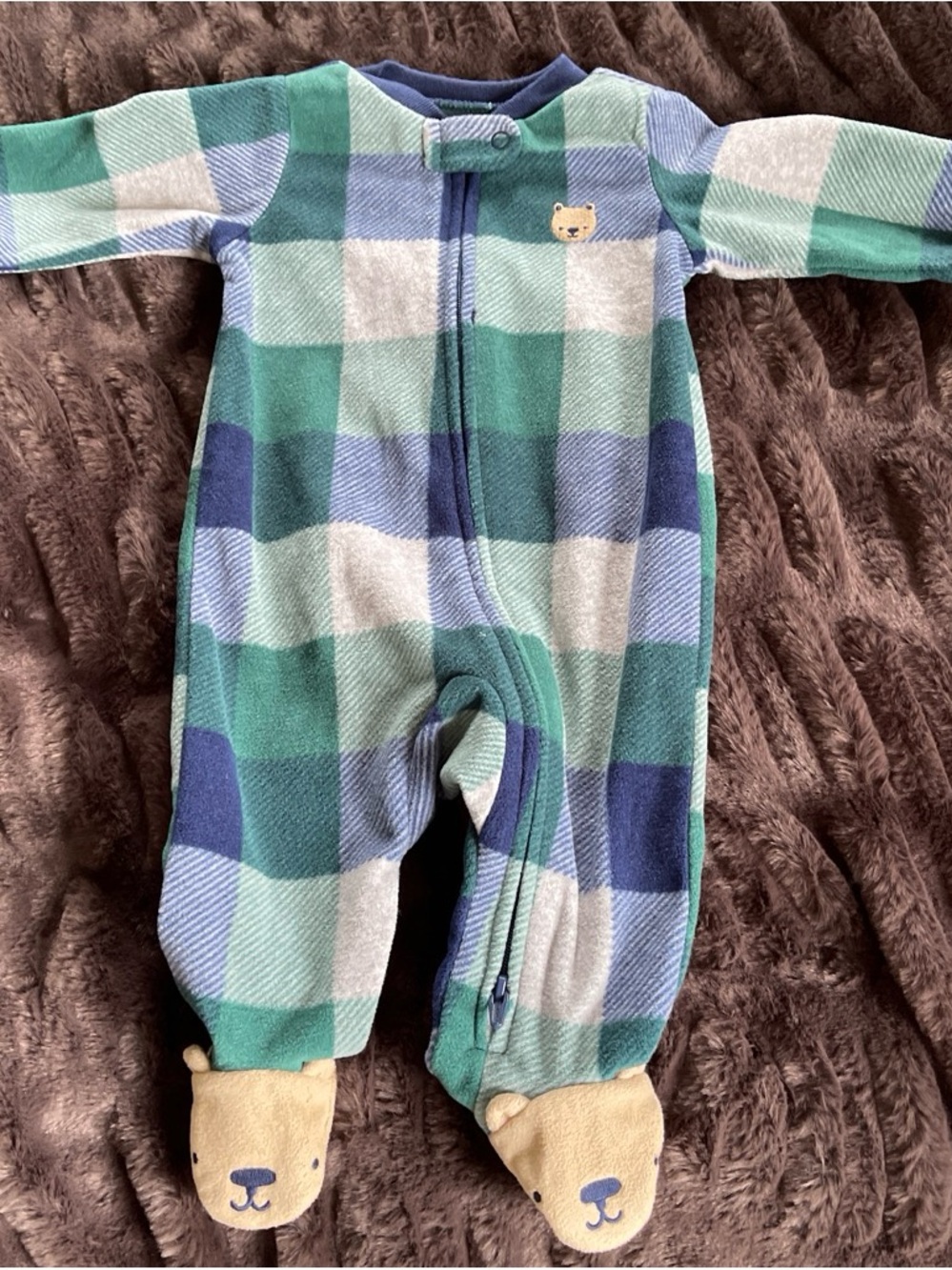 Carter's Green & Blue Plaid Plush One-Piece Footie